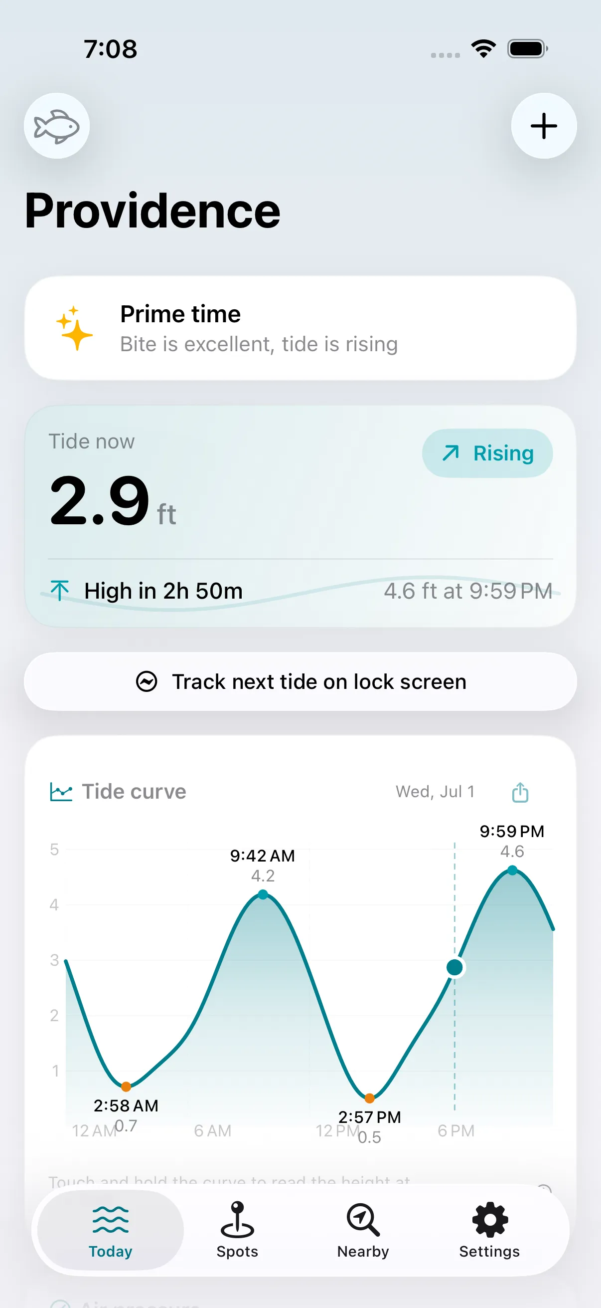 The Slackwater Today screen: a tide curve, the current height, and a bite rating for Providence