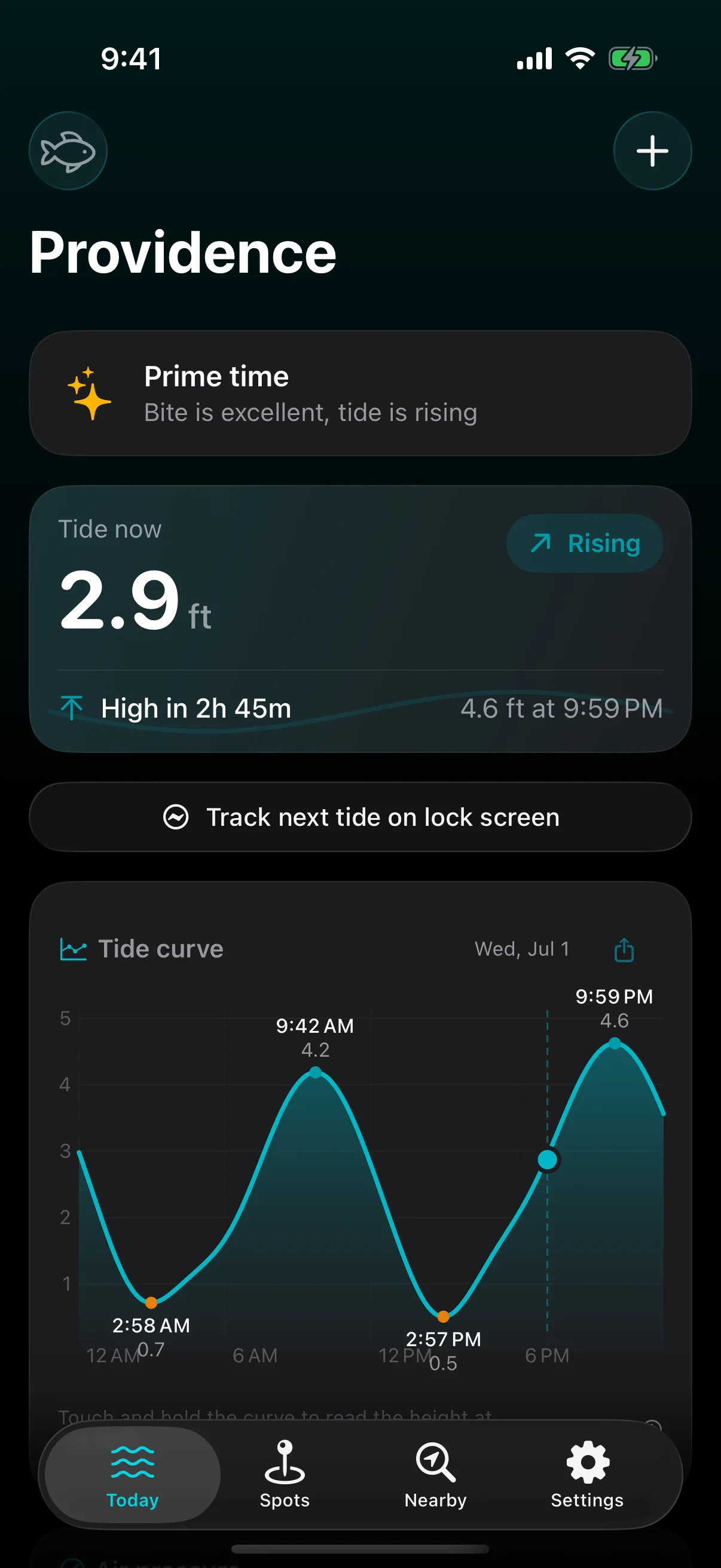 Slackwater in dark mode, with the tide curve over a true-black background